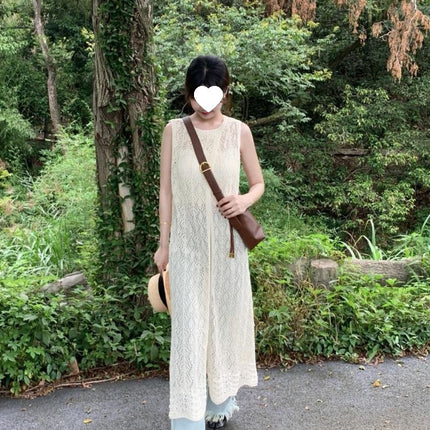 Designed Niche Layered Blouse Knitted Vest Dress Summer Women's Back Slit Long Skirt Dress Chic Skirt