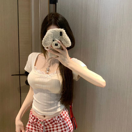 Korean-style Green Fake Two-piece Short-sleeved T-shirt Women's Summer Design Niche Lace Short Sweet Spice Top