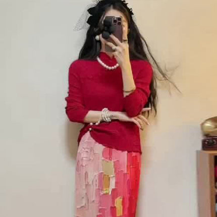 Miyake 2024 Summer New Chinese Style Slant-breasted Long-sleeved Three-dimensional Pleated Top Women's Two-piece Set with Tight Waist Skirt