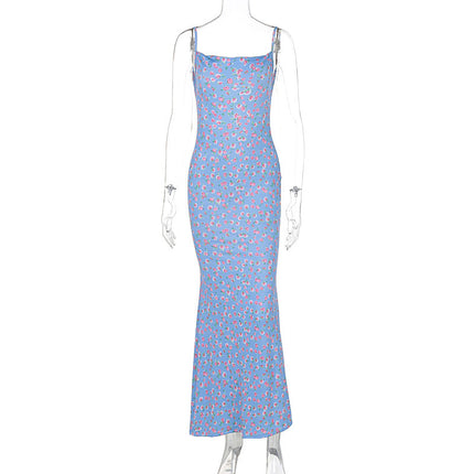 Elegant Cross-Border New Floral Dress with Spaghetti Straps, Square Neckline, Backless, Casual, Comfortable, Sexy, Vacation Long Dress for Women, Fashionable