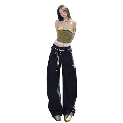 Ear-rimmed double waist jeans for women 2025 new high waist slimming all-match machete design wide leg mop pants