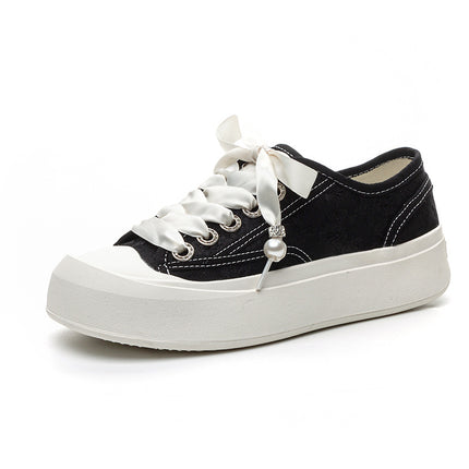 2024 Spring and Summer New White Shoes Lace-up Satin Casual Large Size Board Shoes 4143 Thick Sole Increased Soft Sole German Training Shoes