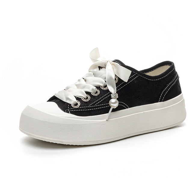2024 Spring and Summer New White Shoes Lace-up Satin Casual Large Size Board Shoes 4143 Thick Sole Increased Soft Sole German Training Shoes