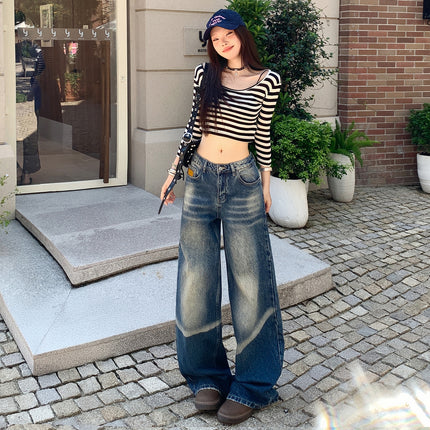 Raccoon House # American Retro Distressed Heavy Wash Denim Jeans for Women 2025 Autumn Loose Straight Wide-Leg Floor-Length Pants