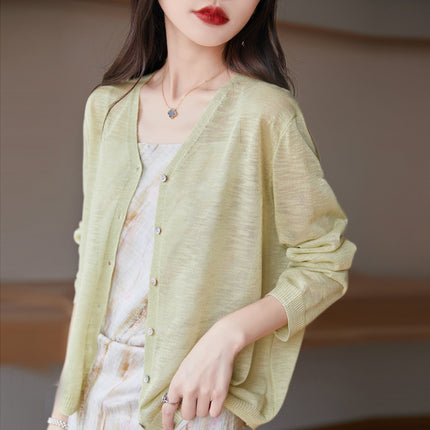 Slub Knitted Cardigan Women's Thin Ice Silk Linen Jacket Summer New Loose Outer Shawl Air-conditioning Shirt for Women