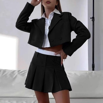 Ins Amazon Hot Selling Women's Two-Piece Short Skirt Suit Double-Breasted Short Suit Jacket Pleated Mini Skirt