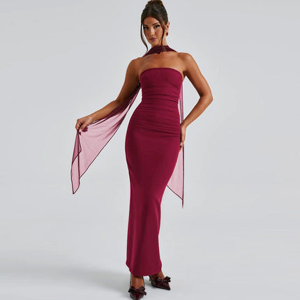 Socialite Style Cross-Border Women's Clothing Solid Color Strapless Backless Slit Sexy Party Slim Fit Bodycon Dress Elegant Style