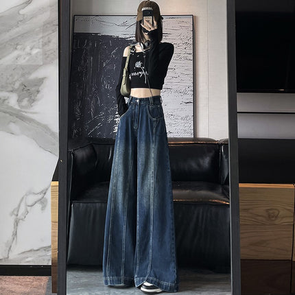 Japanese and Korean fashion retro high waist Denim wide leg pants cross-border women's clothing New loose design sense mop pants fashion