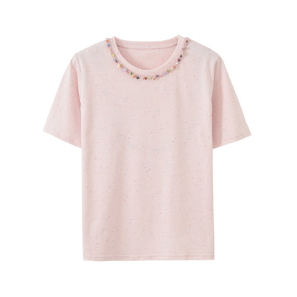 Summer New Style Solona Short-Sleeved Women's Top with Beaded Design, Fashionable and Stylish Casual Outerwear Commuting T-Shirt