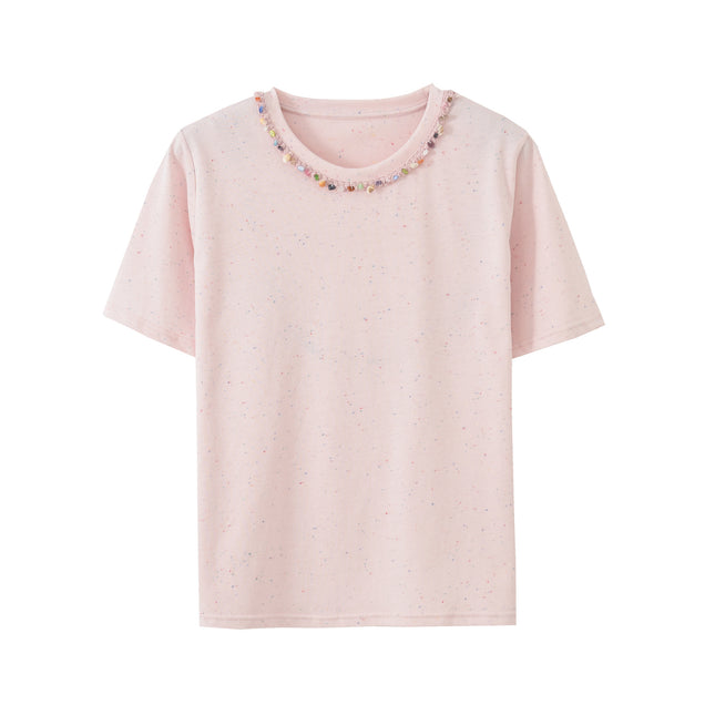 Summer New Style Solona Short-Sleeved Women's Top with Beaded Design, Fashionable and Stylish Casual Outerwear Commuting T-Shirt