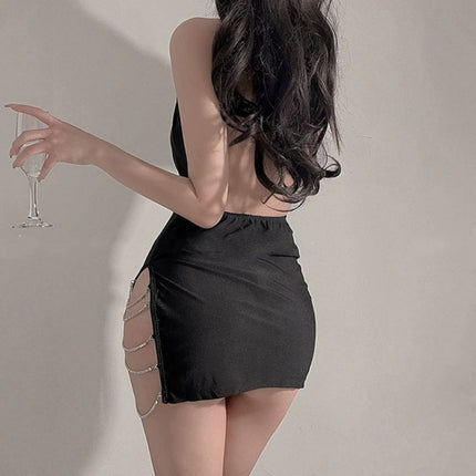 Sexy Lingerie, Sexy Chain Strap Nightgown, Passionate Temptation, Sexy Uniform, Deep V Strap, Open Crotch, No-Take-Off Set