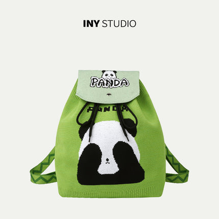 Grandpa Panda Cartoon Knitted Bag Women's Handbag Spring and Summer Popular Large Capacity Shoulder Drawstring Bag Versatile Backpack