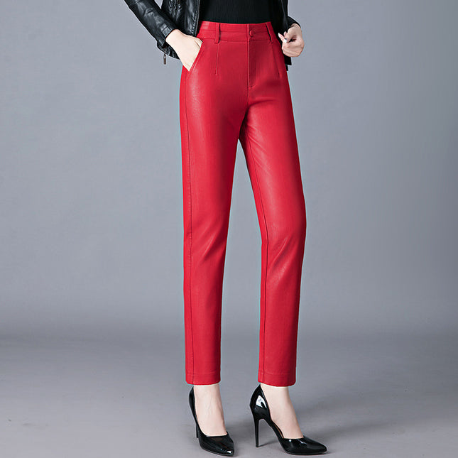 2025 Autumn/Winter New Women's Leather Pants Mid-Waist Outerwear Trousers Slim Fit Sheepskin Leggings