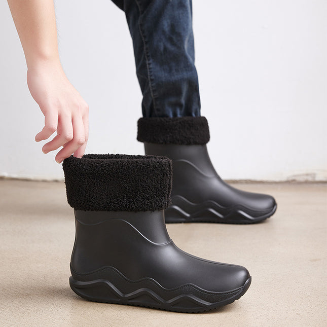 Cross-border mid-barrel rain boots men's waterproof non-slip fishing rain boots car wash fleece-lined warm water shoes camping rubber cover rain boots