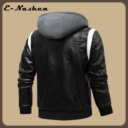 European and American Men's Leather Jacket New Style Stand Collar Removable Hooded Motorcycle Leather Jacket Fashionable Black and White Color Matching Large Size Men's Clothing