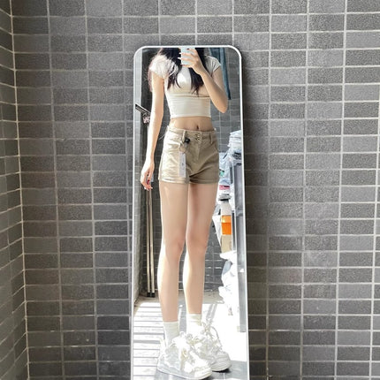 American Retro High Street Summer Hot Pants Hot Girl Design Khaki Personalized Denim Shorts for Women Slimming Students