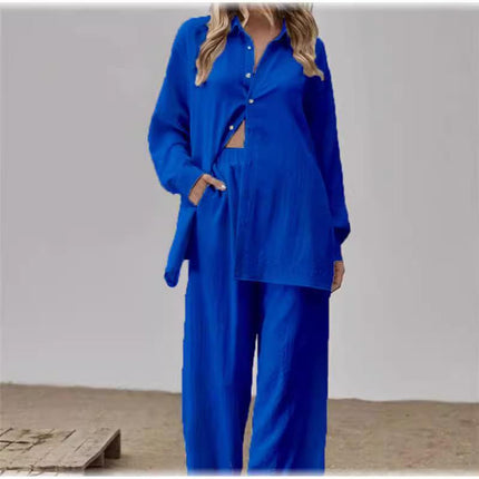 2024 European and American women's shirt pants set long sleeve lapel shirt and elastic pants 2 piece set fashion office suit