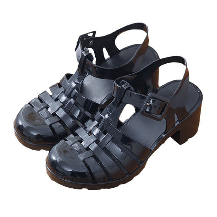 Summer Baotou Roman Women Sandals Retro High Heel Transparent Crystal Beach Shoes Non-slip Plastic Jelly Shoes Waterproof Shoes