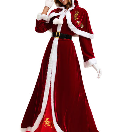 European and American Cross-Border Christmas Clothing Long-Sleeved Women's Christmas Dress Thickeneded Santa Claus with Shawl Christmas Queen Costume