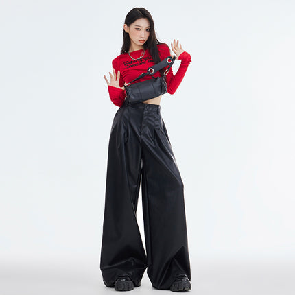 Eye-Catching Moment 2025 Autumn and Winter Versatile American Retro Elastic Waist Wide-Leg Casual Loose Black Leather Pants