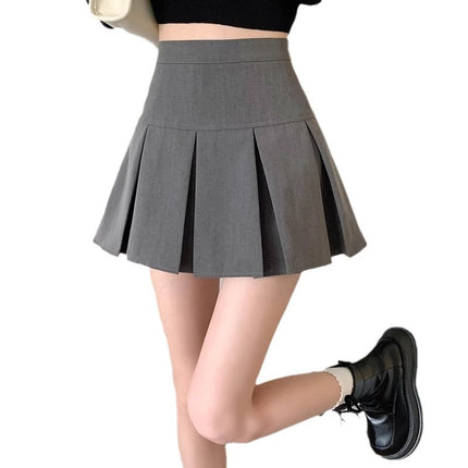 Flower Field Window High-Waisted Gray Pleated Skirt for Women in Summer Slimming Look High-Waisted American Preppy Style A-Line Short Skirt