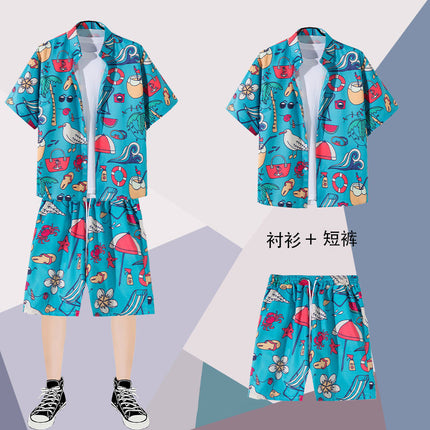 Summer thin short-sleeved floral shirt men's Hong Kong style retro Ruan Shuai Hawaiian seaside couple short-sleeved shorts two-piece set