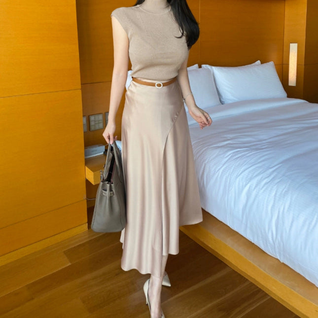 South Korea Dongdaemun Elegant Elegant Sexy Figure Half High Neck Slim-fit Slimming All-match Sleeveless Knitted Top for Women