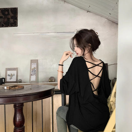 Cross Backless Short-sleeved T-shirt Women's Summer New Arrival Laid-back Loose Casual Design Hot Girls Chic Trendy Top