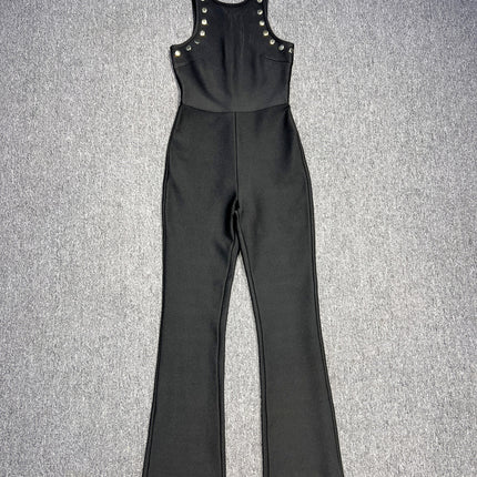 European and American foreign trade high-end boutique women's jumpsuit sleeveless high waist round neck slim figure flared pants