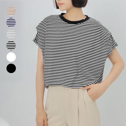 Japanese and Korean Summer New Striped T-Shirt Women's Round Neck Bat Sleeve Loose Slimming Pure Cotton Short-Sleeve Top Cross-Border in Stock