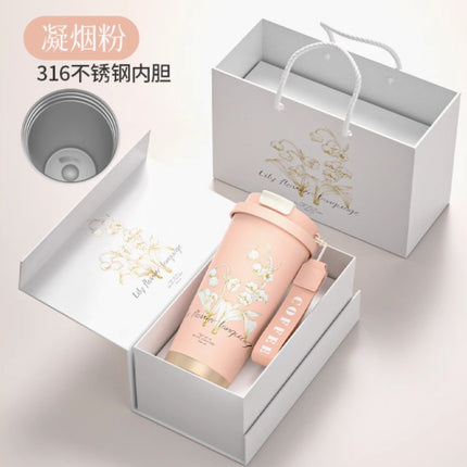 High Yan Value Lily Flower Coffee Thermos Cup Engraving to Send Teachers Accompanial Cup Business Gift with Gift Box Water Cup