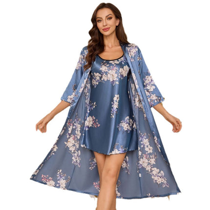 Amazon Simple Women's Four Seasons Home Clothes Nightgown Nightgown Two-Piece Set Thin Outer Wear Mid-Length Pajamas suit