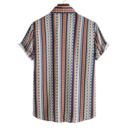 2021 cross-border foreign trade new European size lapel loose striped printed casual men's shirt for teenagers