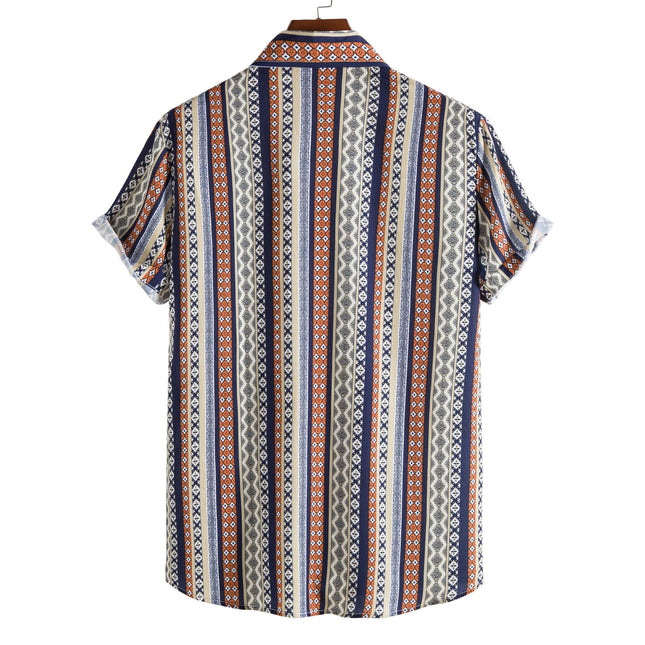 2021 cross-border foreign trade new European size lapel loose striped printed casual men's shirt for teenagers