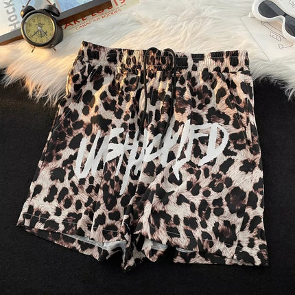 Summer Leopard Print No-Iron Ice Silk Beach Shorts for Boys, Trendy Brand, Handsome and Youthful, Loose and Versatile Shorts