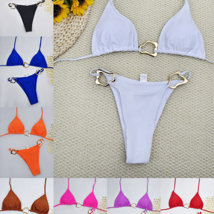 In-Stock 2025 New Style Two-Piece Bikini Swimsuit for Women, European and American Fashion, Sexy Accessories, Buckle Nylon Solid Color Swimwear