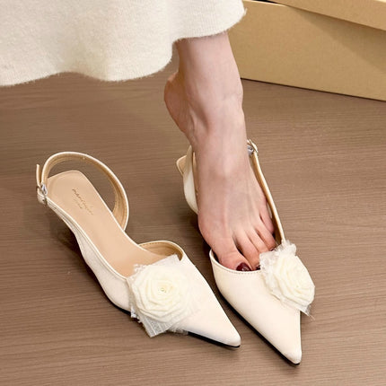 Fairy green roses! Gentle Satin Rose Puffed Head Empty Sandals Women's 2025 Spring and Summer New Style Thin Heeled Single-layer Shoes