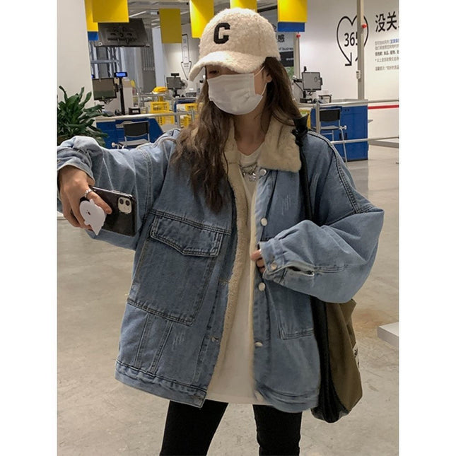 Women's Denim Jacket with Faux Rabbit Fur Lining, 2025 Winter New Korean Style, Loose Ins Street Fashion Cotton Coat Trendy Top
