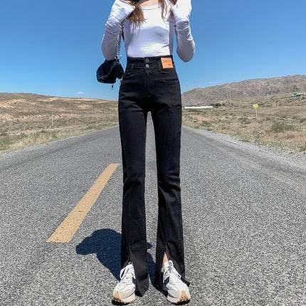 Fleece-Lined Thick Black Flared Jeans with Slits for Women, High-Waisted, Slimming, Autumn and Winter 2025 New Style, Extended Length Pants