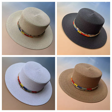 Bohemian Cowboy Style Flat-Top Straw Hat for Women's Summer Travel and Vacation Sun Protection Hat for Shopping and Versatile Flat-Brimmed Hat