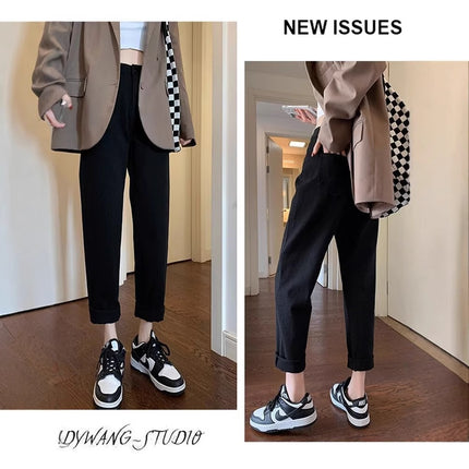 2025 Spring and Autumn New Black Loose Harlan Jeans Women's Nine-point Slim Pear-shaped Figure Turnip Pants