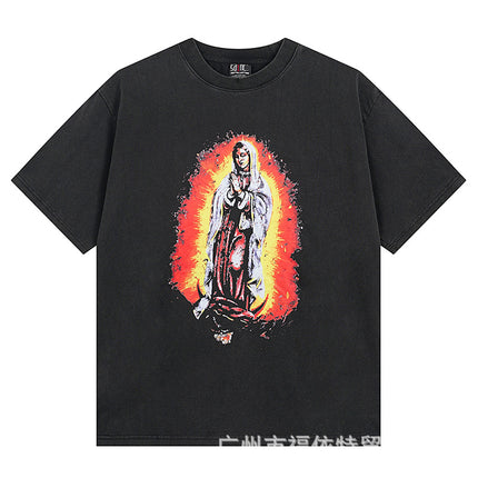 Saint Michael Cho Big Face European and American Retro Washed and Distressed Commemorative Portrait Short-Sleeved T-Shirt Trendy