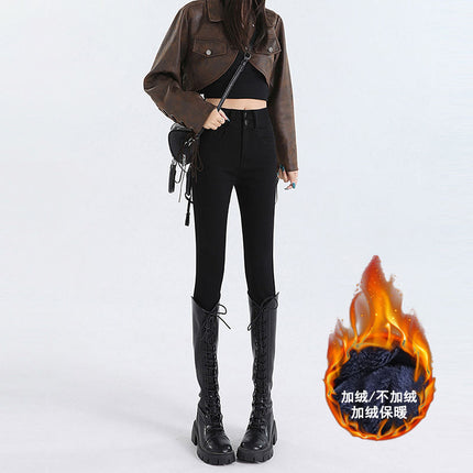 Vintage Blue fleece-lined Thickened Jeans Women's Autumn and Winter 2024 New High Waist Slimming Tight American Pencil Pencil Pants