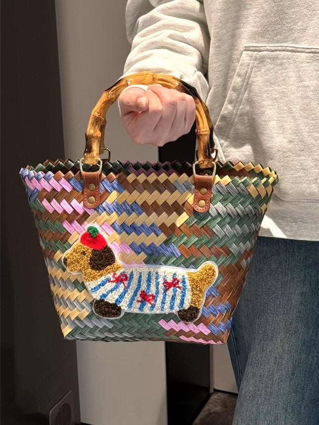 2026 New Retro Striped Dachshund Dog Woven Basket Bag Handbag for Office Workers and Students, Women's Lunch Box Bag