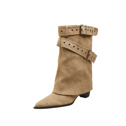 New Style Knee-High Riding Boots American Style Spicy Girl Belt Buckle Boot Short Boots Women's Boots Western Boots Women's Short Boots