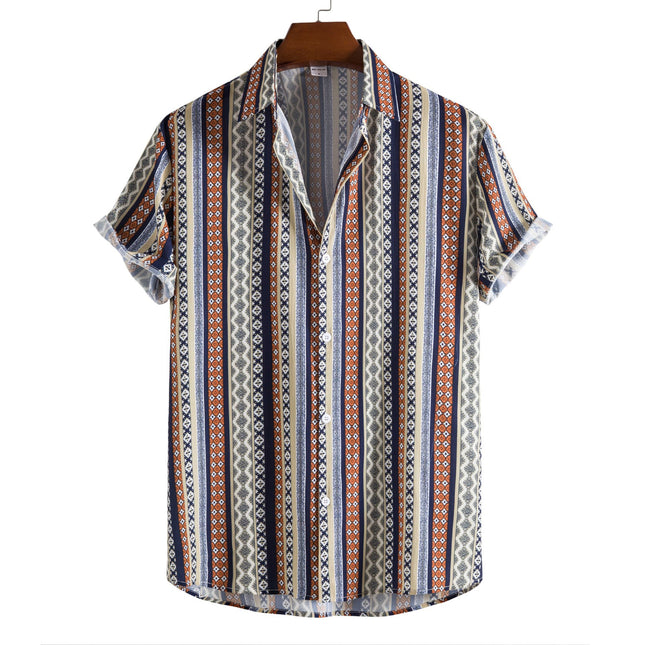 2021 cross-border foreign trade new European size lapel loose striped printed casual men's shirt for teenagers