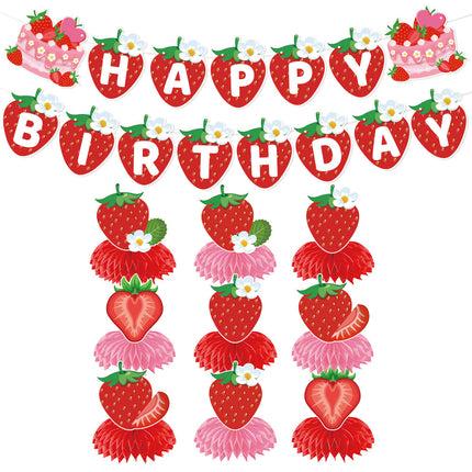 European and American Strawberry Birthday Theme Party Supplies Flags, Flowers, Honeycomb Table Decorations, Desktop Table Decorations