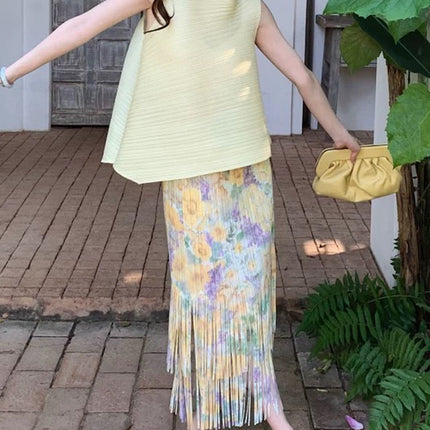 Miyake Summer Women's suit High-end Style with a Set of Tassel Pleated Skirt Sleeveless T-shirt Two-piece Set for Women