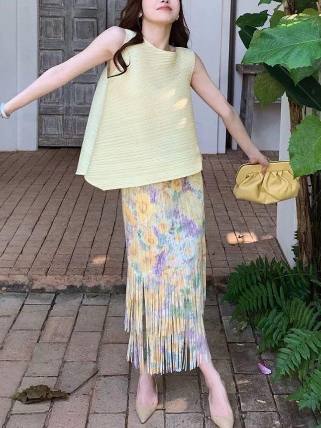 Miyake Summer Women's suit High-end Style with a Set of Tassel Pleated Skirt Sleeveless T-shirt Two-piece Set for Women
