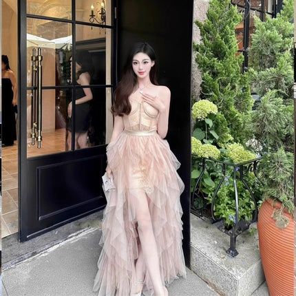Sense Irregular Socialite dress Waist Long Dress Gown Light Luxury Niche Elegant Strapless Dress suit
